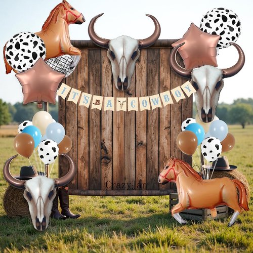 CrazyJan 2PCS Western Long Horn Cow Balloons Cowboy Longhorn Foil Balloons for Cowgirl Party Ranch Birthday Last Rodeo Bachelorette Wild West Baby Shower Decorations 25.6"x31.5"