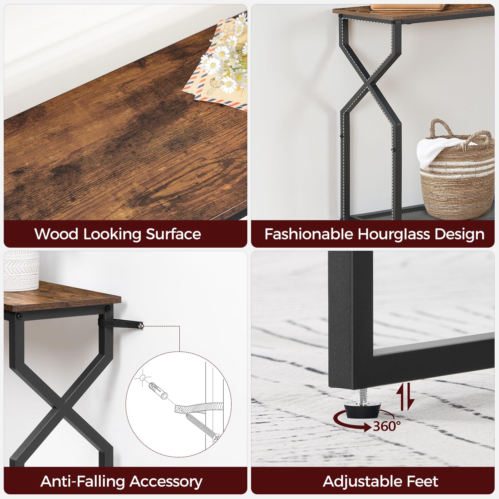 MAHANCRIS 2 Tier Console Table, Sofa Table, Narrow Entryway Table, Hallway Entrance Table, Hourglass-Shaped Frames, Adjustable Feet, for Entrance, Living Room, Hallway, Rustic Brown CTHR21301
