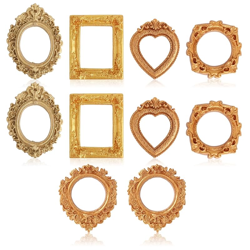 Mini Gold Picture Frames Set – 10pcs Baroque Resin Frames for Wall or Desk Display