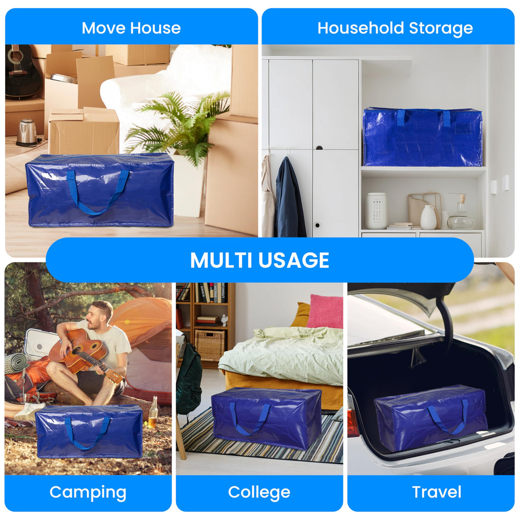 Simple Deluxe 6 Pack Extra Large Moving Bags with Backpack Straps, Strong Handles/Zippers, Heavy Duty Storage Tote For Moving Travel Camping Space Saving, Blue