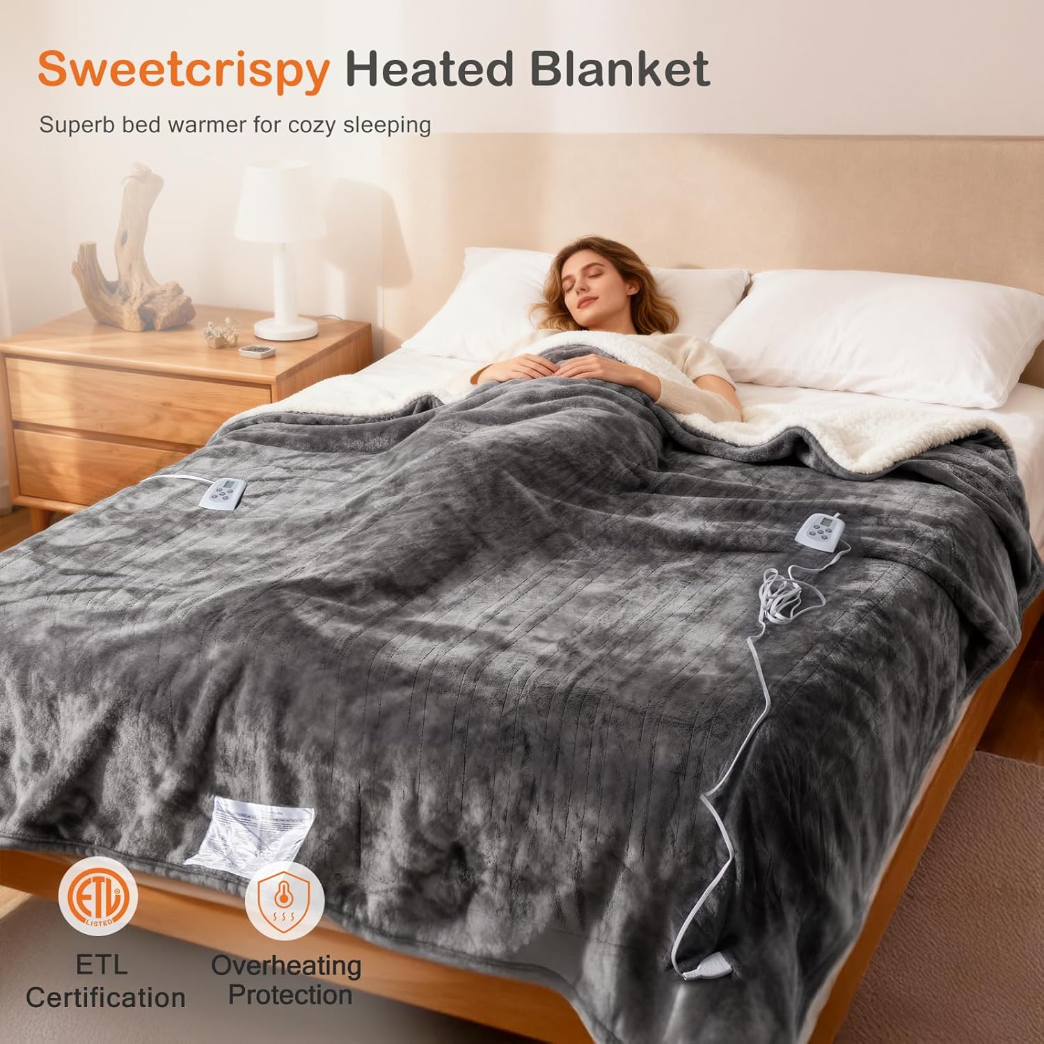 Sweetcrispy Heated Blanket - Full Size 77''x84'' | 10 Heat Levels, Auto-Off & Washable Dual-Sided Flannel/Sherpa