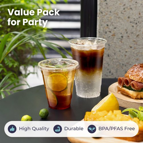 Fit Meal Prep 100 Pack 32 oz Clear Plastic Cups with Flat Lids, Disposable Iced Coffee Cups, BPA Free Premium Crystal Smoothie Cup for Party, Lemonade Stand, Cold Drinks, Juice, Milkshake