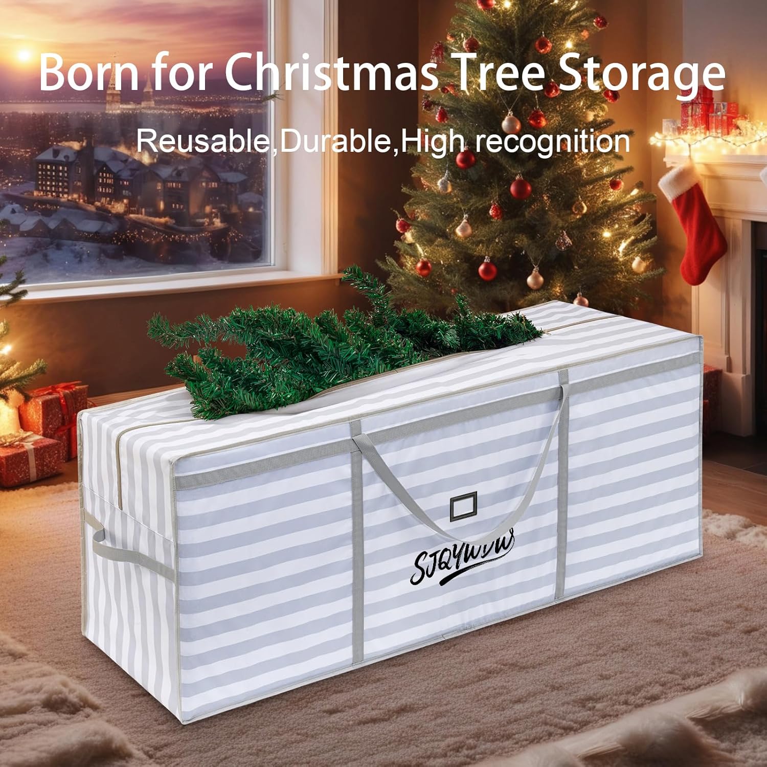 Skiennix Christmas Tree Storage Bag - Heavy Duty 600D Oxford Cloth with Double Mesh Pockets | 9 ft, Gray-White Stripes