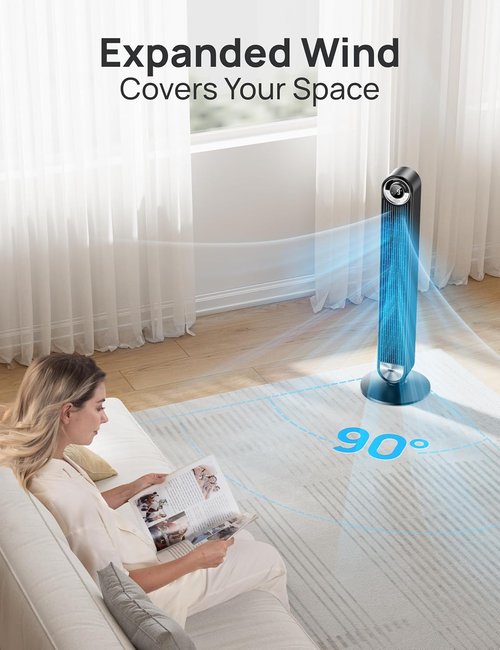DREO Tower Fan - 90° Oscillating Standing Floor Fan with 28ft/s Velocity | 25dB Quiet Operation, 9 Speeds, Remote Control