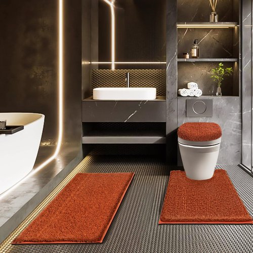 Baahrnom Bathroom Rugs Sets 3 Piece with Adjustable Toilet Seat Cover 17.5"x 15" Machine Washable Bath Rug Set with TPR Non Slip Rubber Backing Solid Bath Mat Set for Luxury Bathroom Decoration