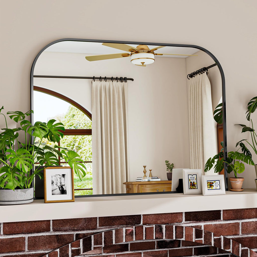 VETROVUE Black Arched Top Wall Mounted Mirror - 38 x 30 Inch Round Cruved Top Bathroom Vanity Mirror, Aluminum Metal Framed, Home Decor for Living Room, Bedroom, Fireplace, Mantle, Entryway
