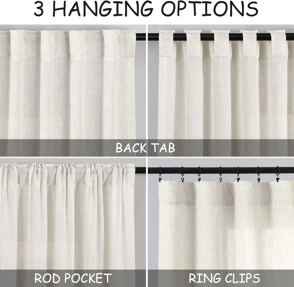 Skiennix Cream Linen Back Tab Curtains - 84 Inch Length | 2 Panel Set for Modern Farmhouse Decor