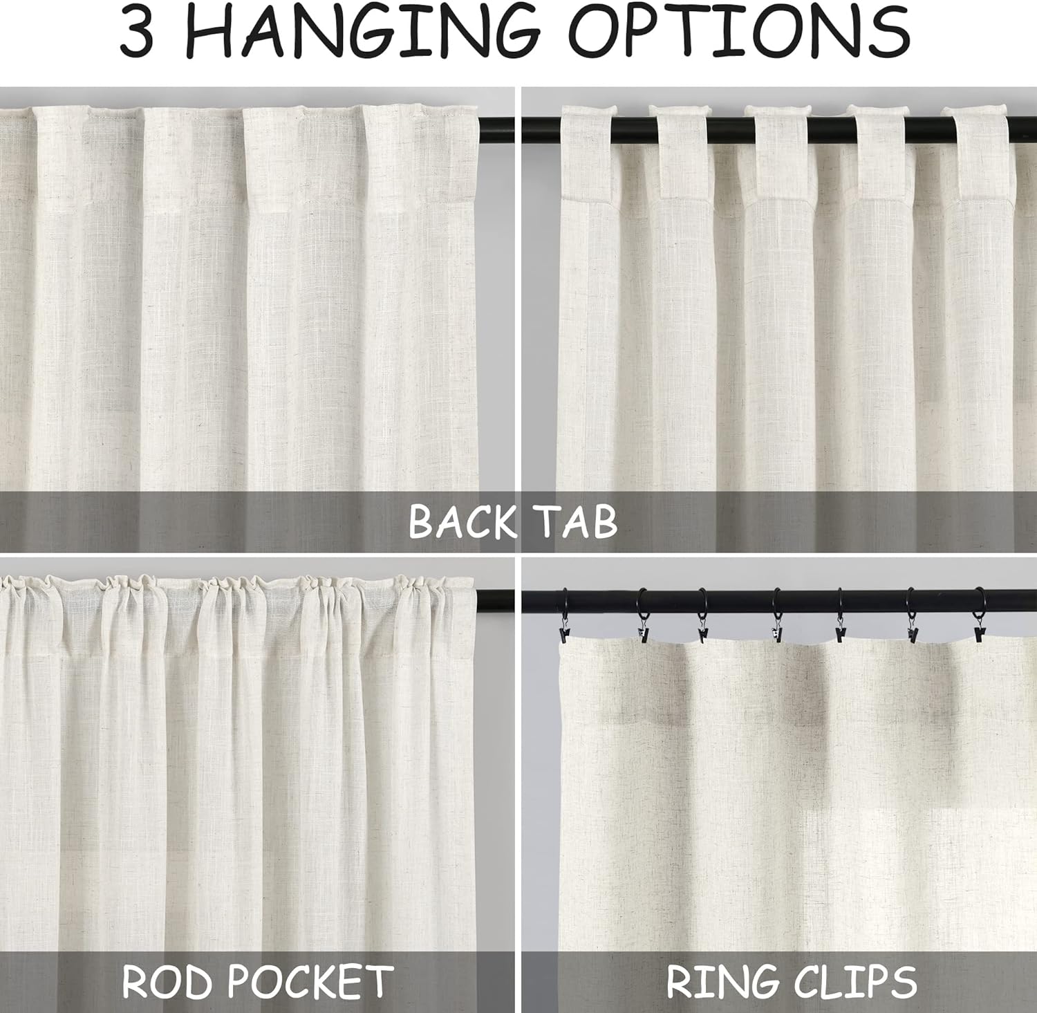 Skiennix Cream Linen Back Tab Curtains - 84 Inch Length | 2 Panel Set for Modern Farmhouse Decor