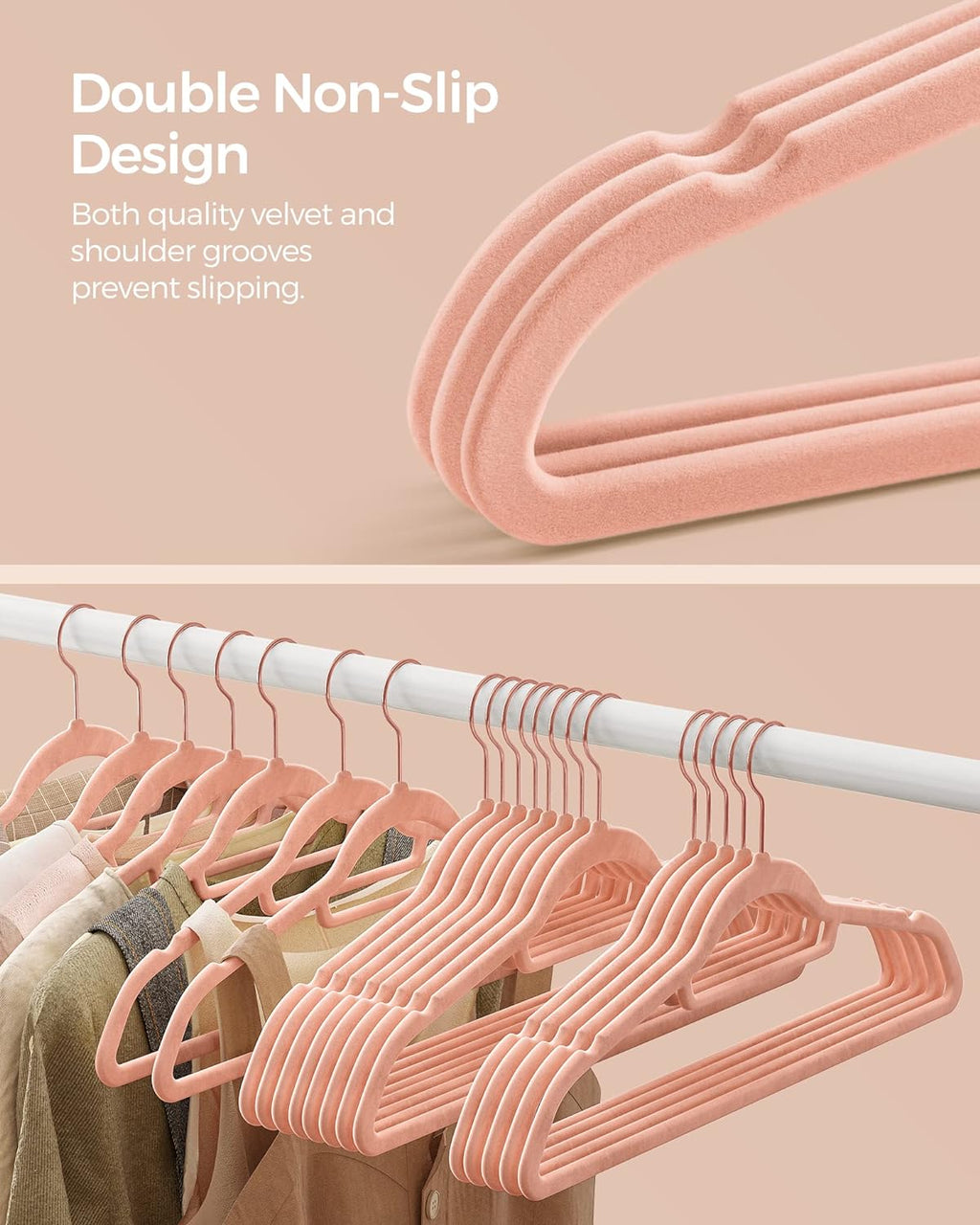 SONGMICS Velvet Hangers - Set of 50 Non-Slip Clothes Hangers with Rose Gold Swivel Hook | Coral Pink, 17.1-Inch