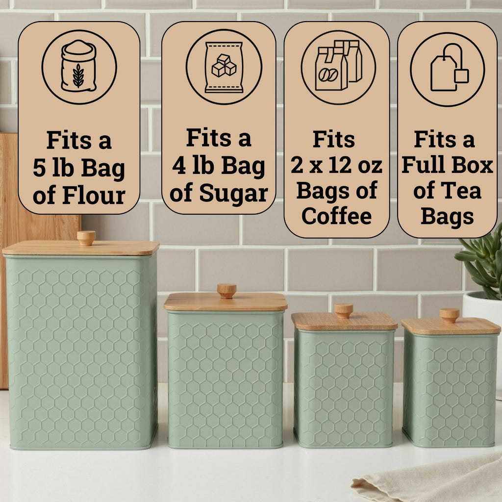Kitchen Canisters for Countertop Set of 4 - Textured Iron Kitchen Canisters with Airtight Lids - Flour Sugar Canister Set - Flour and Sugar Containers Farmhouse - Coffee Jar for Counter - Green Jar x4