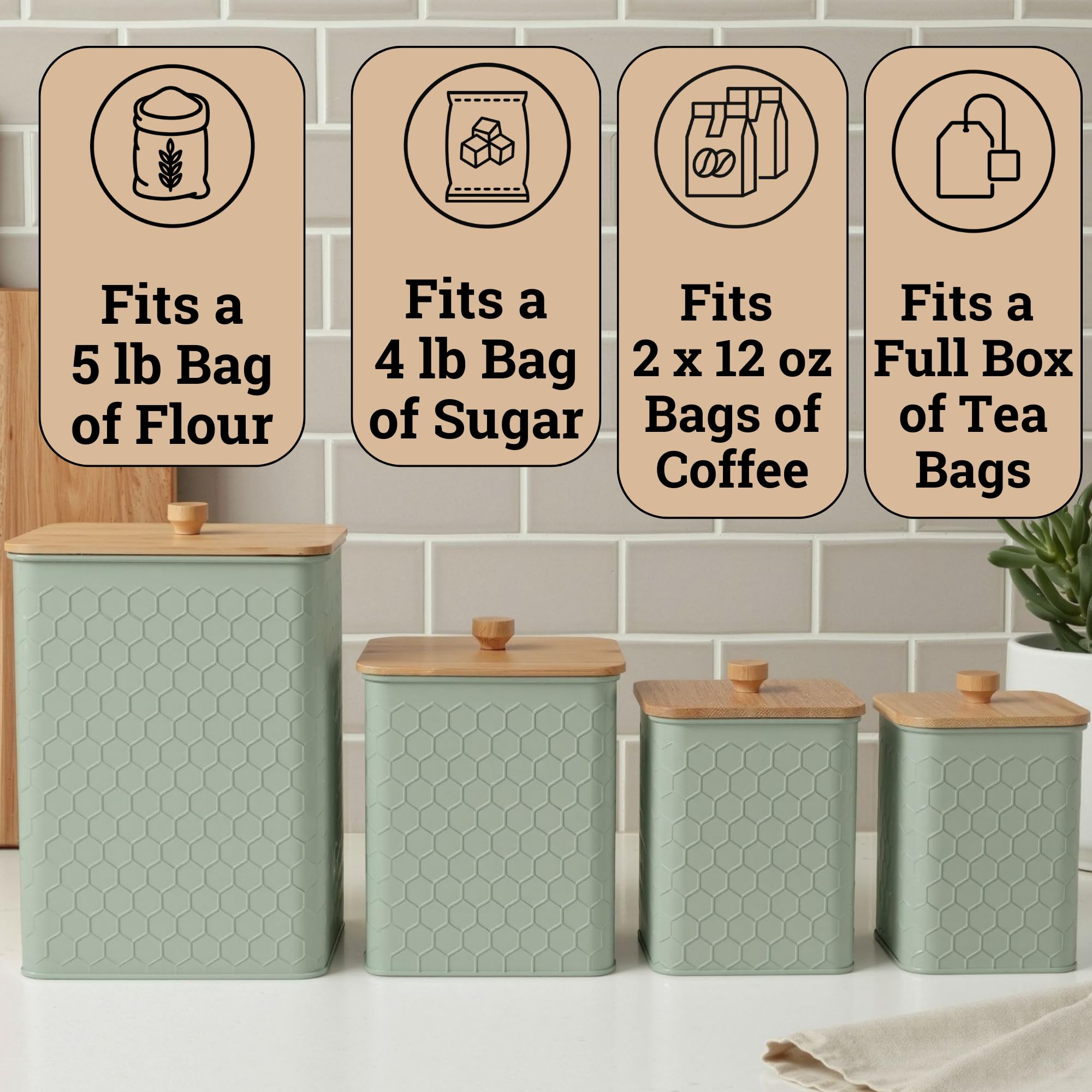 Kitchen Canisters for Countertop Set of 4 - Textured Iron Kitchen Canisters with Airtight Lids - Flour Sugar Canister Set - Flour and Sugar Containers Farmhouse - Coffee Jar for Counter - Green Jar x4