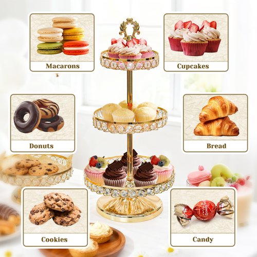 KEHAIL Round Metal 3 Tier Cupcake Tray Set, Crystal Dessert Display Stand for Weddings, Birthdays, Anniversaries, Party Centerpieces, Snacks and Fruit Plates (Gold, Set of 3)