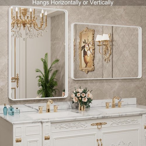 LOAAO Bathroom Mirror - 20x30 Inch White Metal Framed Vanity Mirror | Large Rounded Rectangle, Anti-Rust, Versatile Hanging Options