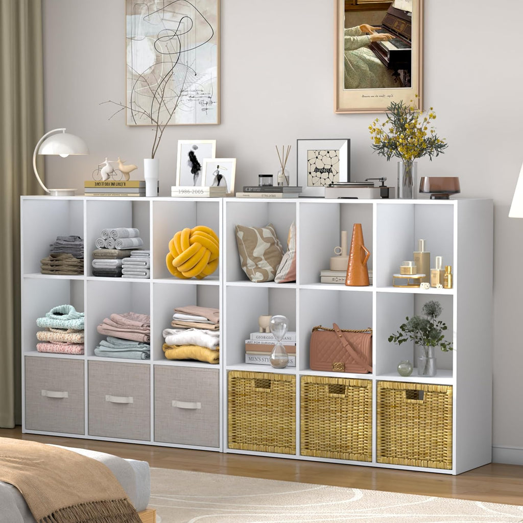 PrimeZone Stackable 9-Cube Storage Organizer - Versatile Wood Shelf for Closet & Bedroom | White Cubicle Cabinet
