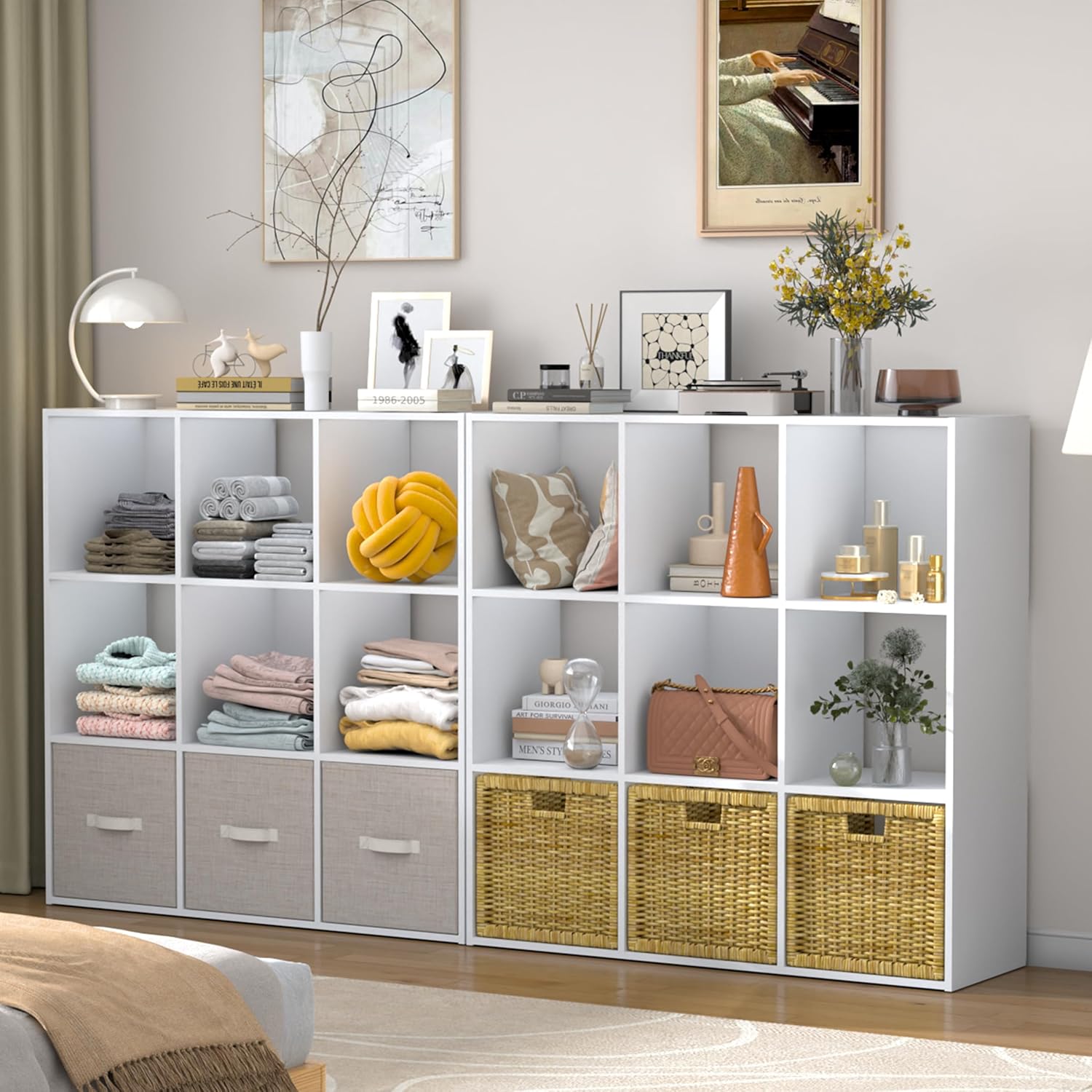 PrimeZone Stackable 9-Cube Storage Organizer - Versatile Wood Shelf for Closet & Bedroom | White Cubicle Cabinet