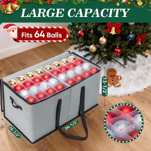 BALEINE Christmas Ornament Storage Box - Premium Holiday Container with Dividers for 128 Balls | Red Soft Design