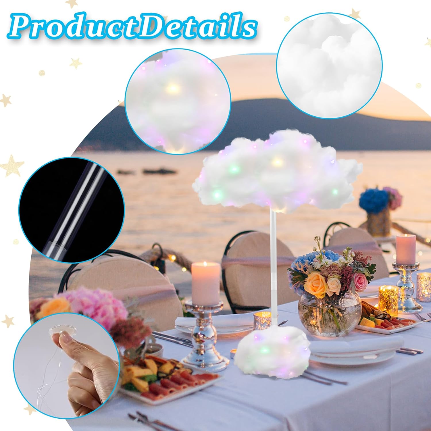 Skiennix LED Cloud Lights - 4 Set Fluffy Cotton Clouds Decor for Baby Showers & Parties | DIY Wall/Table Centerpiece