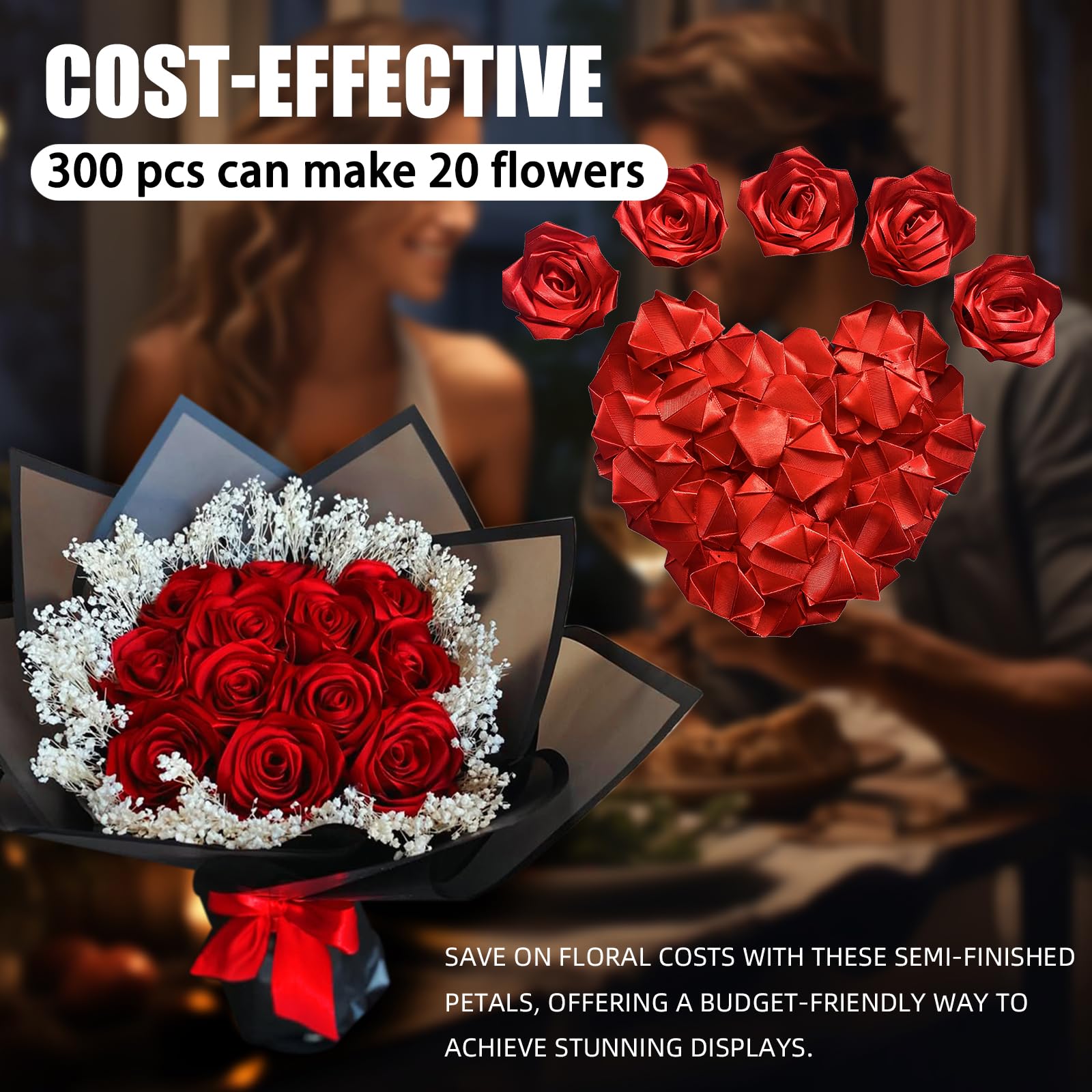 LatinaFlorista 300Pcs Premade Satin Ribbon Rose Petals Half-Finished for Eternal Rose DIY Ramos Forever Flowers Bouquets Everlasting Floral,for Wedding,Anniversary,Birthday (300 Pcs Red)