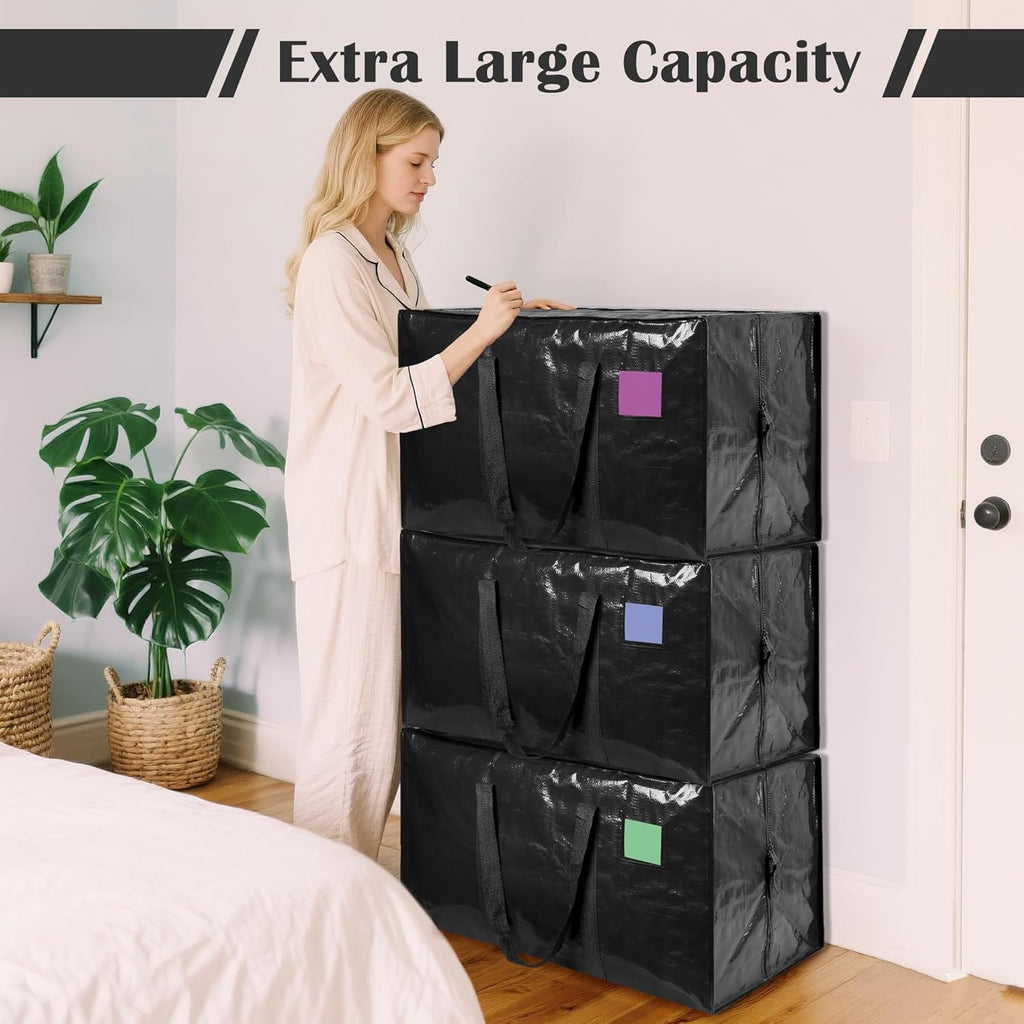 Skiennix Extra Large Heavy Duty Moving Bags - Reinforced Zipper & Wide Handles | Moisture-Resistant Storage for Clothes & Travel - Black, 6 Pack