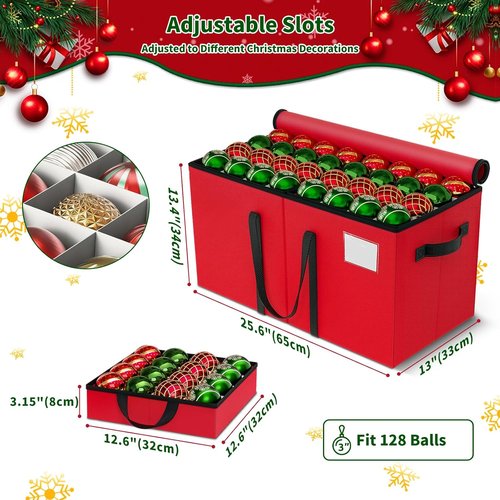 EverMerry Christmas Ornament Storage Box - Large Sturdy Container with Adjustable Dividers & 8 Trays (Red)