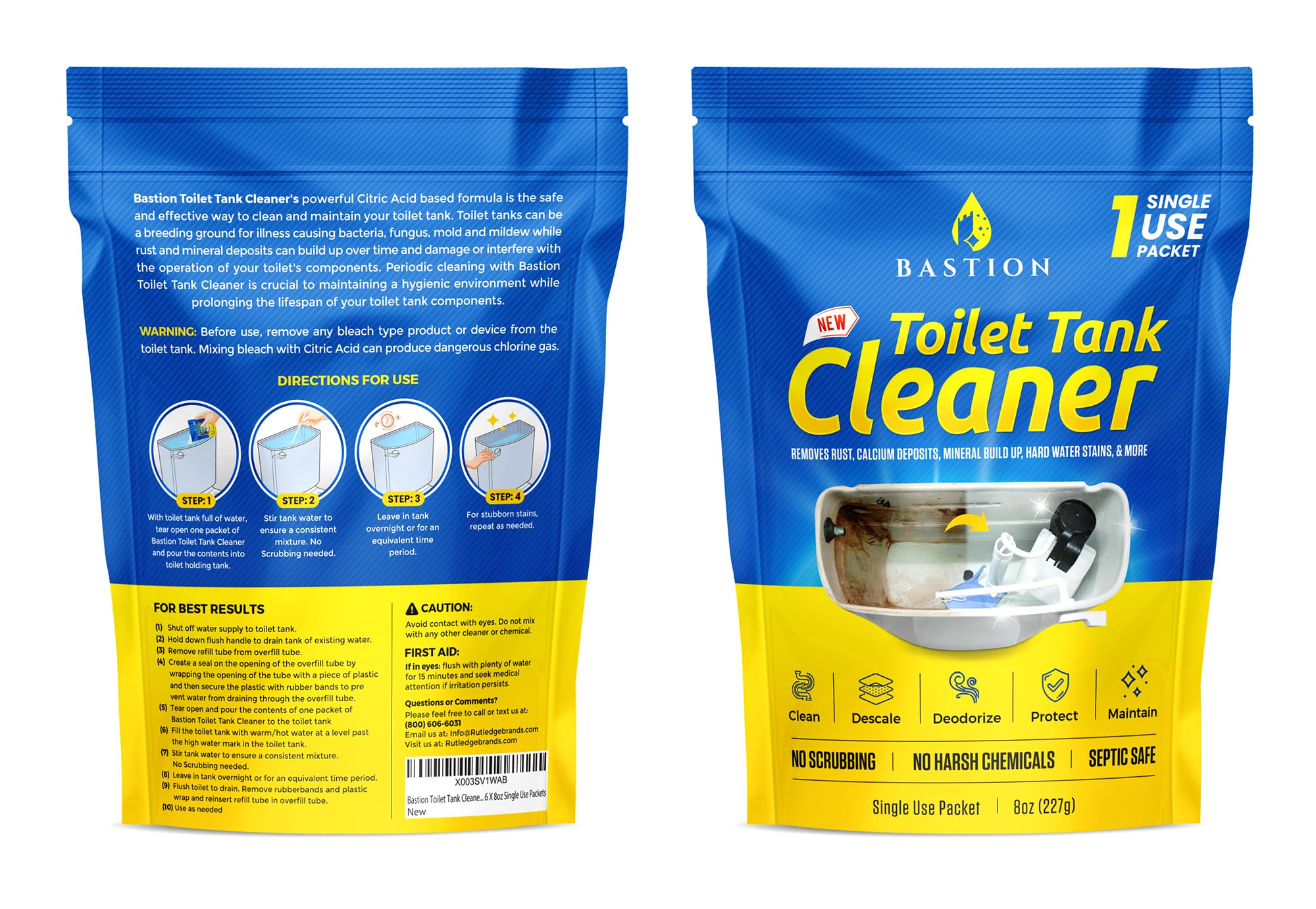 Bastion Toilet Tank Cleaner - 6-Uses. (*Not For Toilet Bowl*) Removes Rust, Mineral Deposits, Hard Water Stains, & Calcium Build Up. Contains 6 X 8oz Single Use Packets
