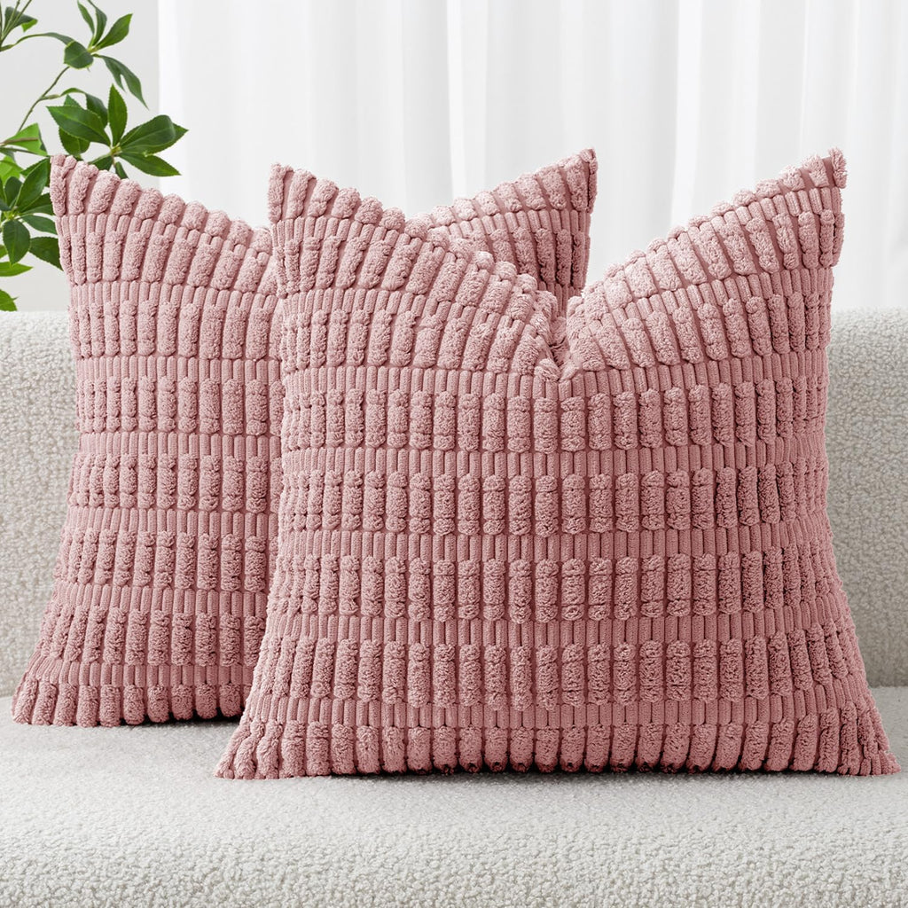 MIULEE Corduroy Throw Pillow Covers - Soft Boho Striped Design, 20x20 Inch, Blush Pink for Modern Home Decor