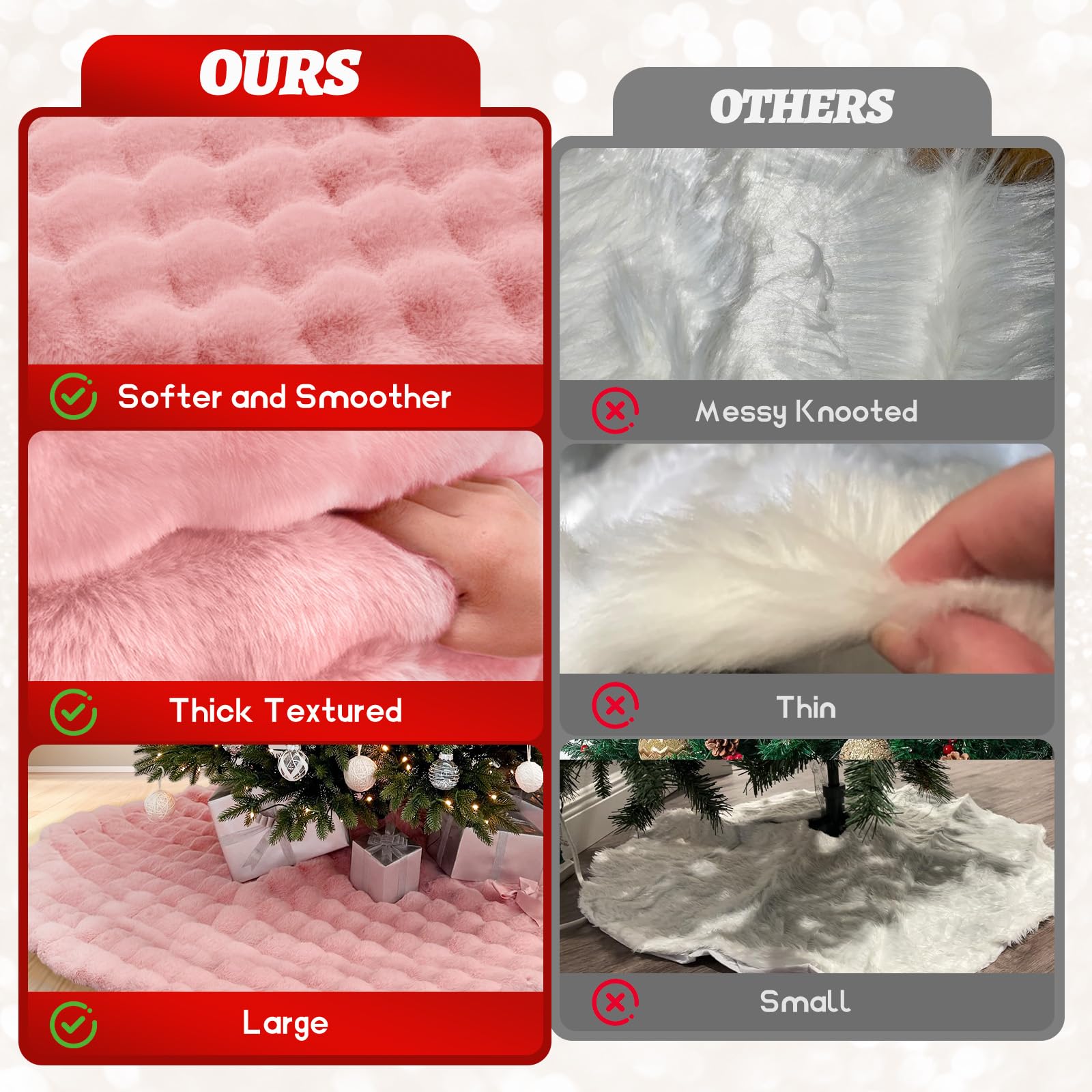 Pink Christmas Tree Skirt 72 Inch, Extra Large Faux Fur Tree Skirt, Thick Soft Plush Big Xmas Tree Skirts with Satin Ribbon Ties for Outdoor Indoor Merry Christmas Party 6/7/7.5/9ft Tree Decoration
