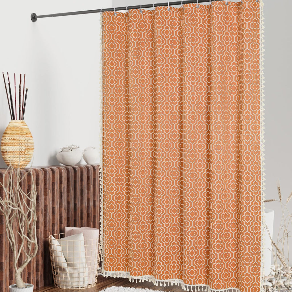 MitoVilla Orange Boho Shower Curtains for Modern Farmhouse Bathroom Decor, Bohemia Geometric Cotton Fabric Shower Curtain, Fall Country Tassel Cloth Shower Curtain, 72 x 72
