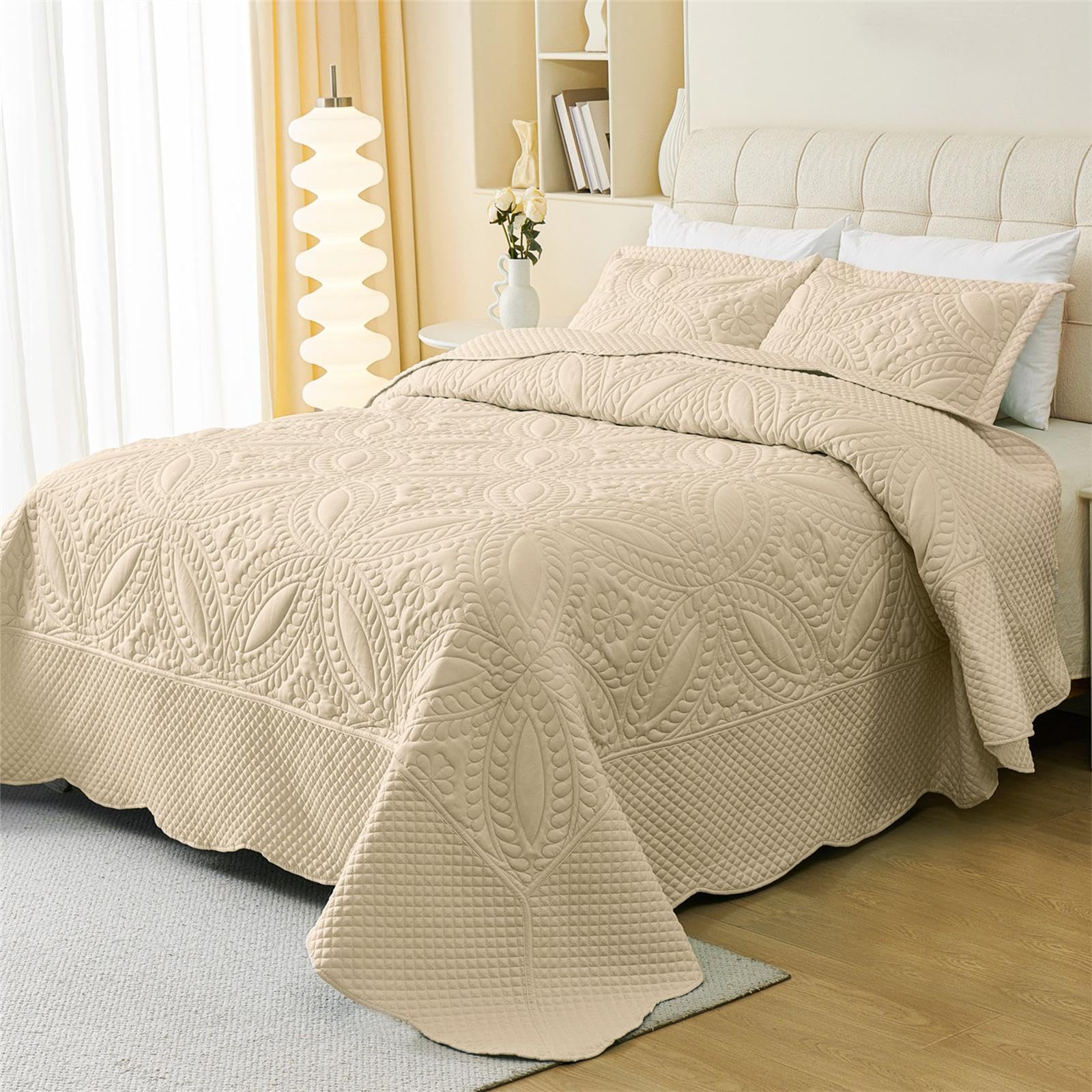 Cmfshape Oversize King Bedspread 128"x120",3 Piece California King Quilt,Lightweight Bed Quilt Set for All Season,Modern Geometric Pattern Bedding Set Beige