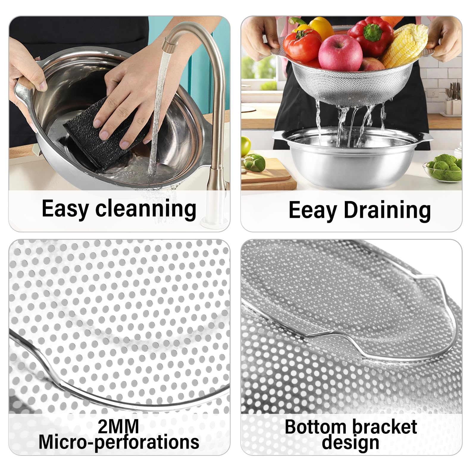 Extra Large 5.5QT Stainless Steel Colander, Large Capacity Rice Colander with Mixing Bowl, Rice Strainer for Vegetables, Fruit, Spaghetti, Pasta Strainer, Dishwasher Safe(2PC)