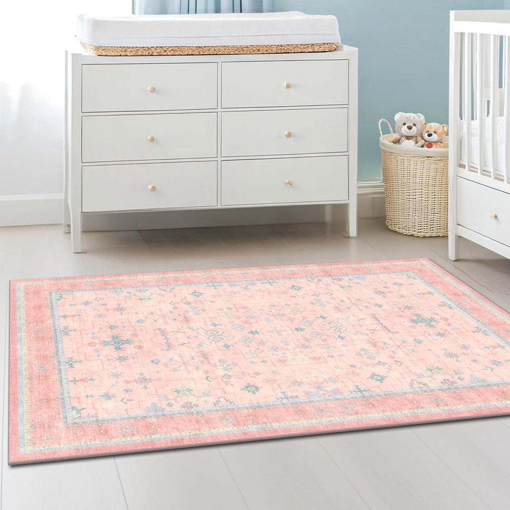 Skiennix Washable 3x5 Pink Rug - Soft Faux Wool, Non-Slip, Stain Resistant for Girls' Bedroom & Nursery