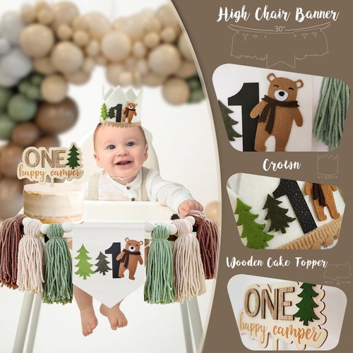 One Happy Camper Birthday Decorations, Camping 1st Birthday Party Supplies with Balloon Arch Balloon Box Backdrop High Chair Banner Crown Cake Topper Table Cloth