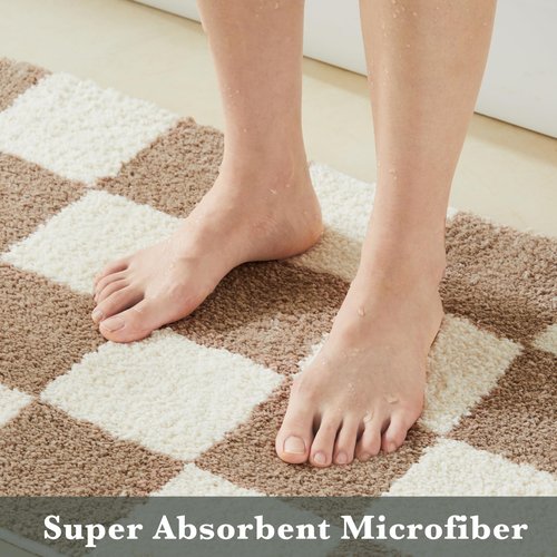 Luxury Microfiber Checkered Bath Mats, Beige and White Checkerboard Bathroom Rug Retro Boho Farmhouse Aesthetic Bath Decor for Bathroom, Tub, Sink, Shower, Anti Slip, Absorbent, Washable, 32x20