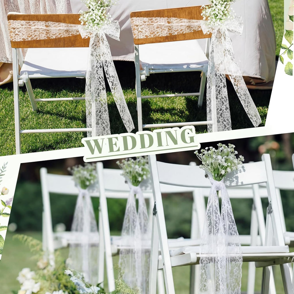 Moukeren White Lace Chair Sashes - 24 Sets with Artificial Baby's Breath | 8.2ft Wedding Aisle Decor
