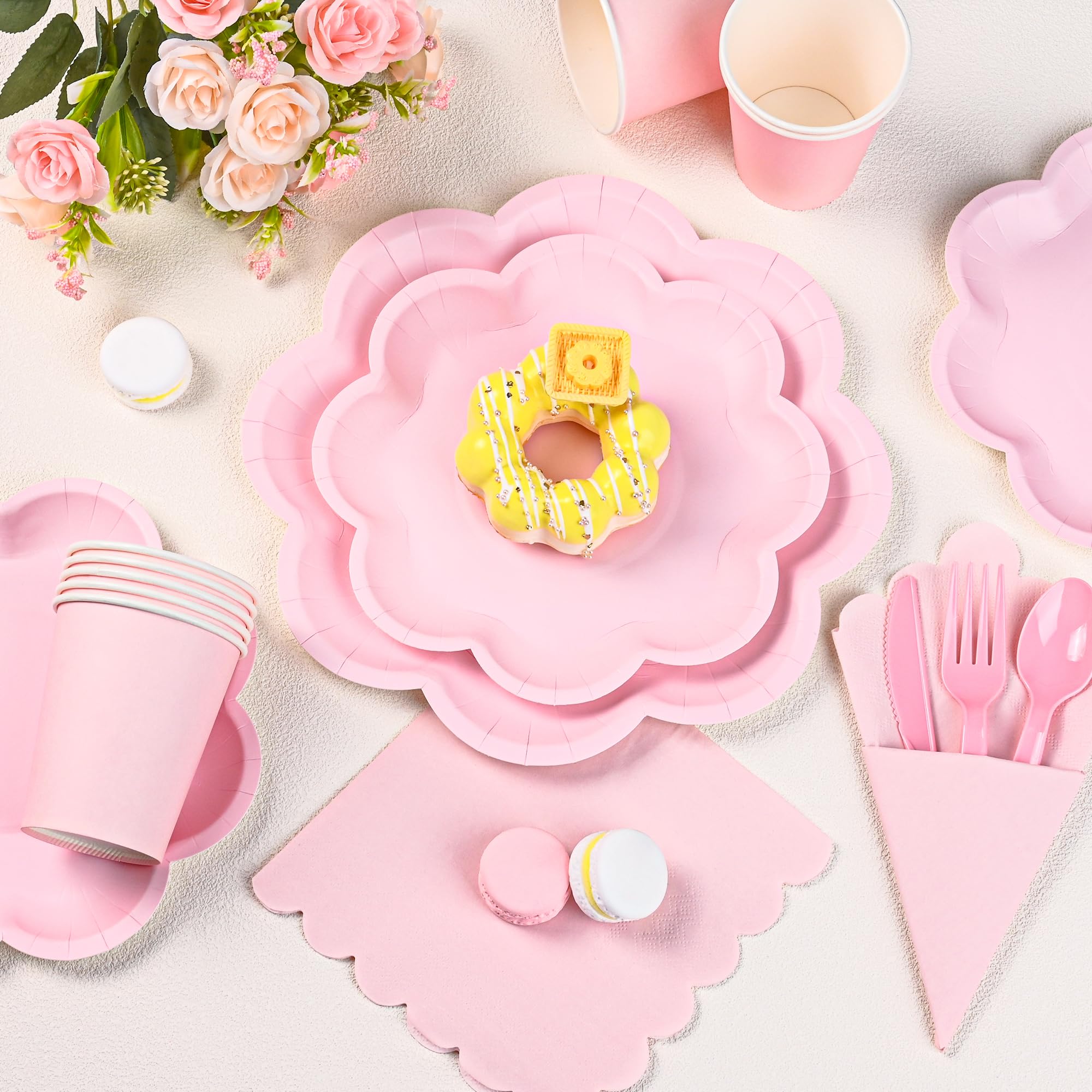 350 Pcs Pink Paper Plates and Napkins Set, Tableware Set for 50 Guests Include Disposable Pink Scalloped Plates, Napkins, Cups, Knives, Forks & Spoon for Baby Shower Mother's Day Wedding Birthday