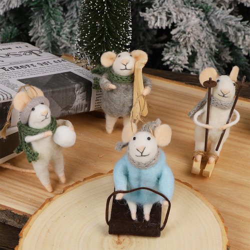 Juegoal Felt Skiing Mice Ornaments - Set of 4 Cute Winter Decor for Christmas Tree & Wreath