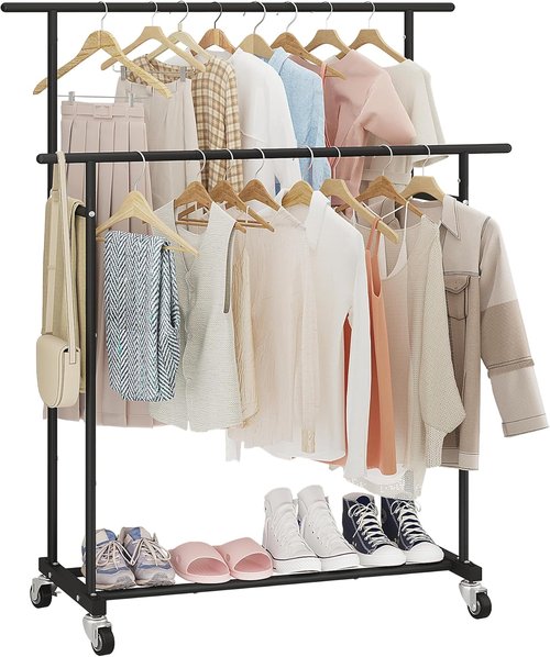 Calmootey Double Rod Clothing Rack - Portable Rolling Garment Organizer for Bedroom & Living Room - Black
