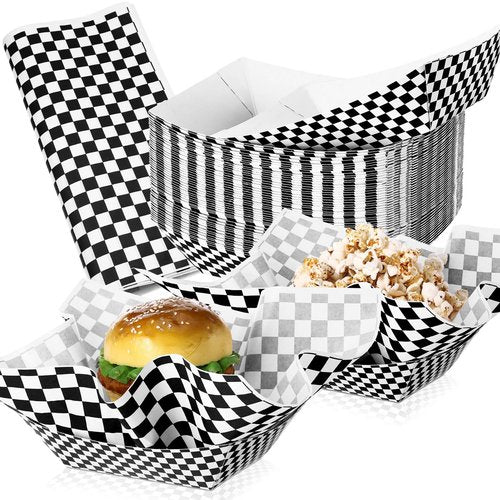 Geosar 100 Pcs Gingham Party Supply Disposable Paper Food Tray Bulk Disposable Food Boat with Checkered Wax Paper Sheet Checkered Wrapping Supply for Carnival Picnic Birthday Party (Black White)