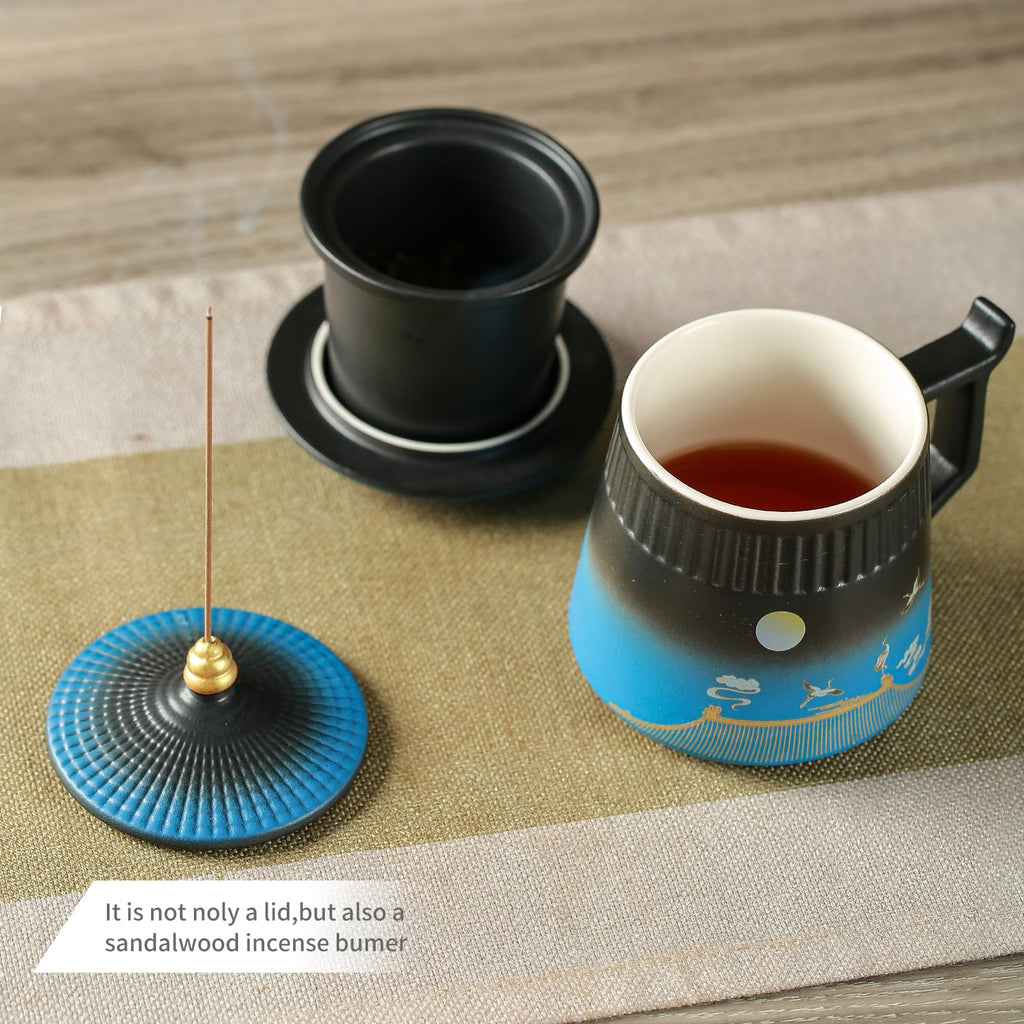 Coolpei Loose Leaf Tea Cup with Infuser and Lid, 14.8oz Chinese Ceramic Mug with Fine Mesh Strainer, Office Steeping Cup for Tea Lovers Gifts
