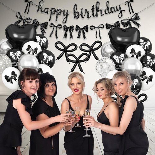 Bow Coquette Birthday Decorations - Black & Silver Party Set with Happy Birthday Banner & Heart Foil Balloons