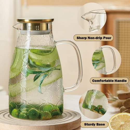 Buaic Glass Pitcher with Lid and Handle, 2 PACK 68 oz/2 Liter Vintage Flower Design Fridge Water Pitcher, Borosilicate Glass Water Carafe for Hot/Cold Water,Coffee,Iced Sun Tea,Heat Resistant
