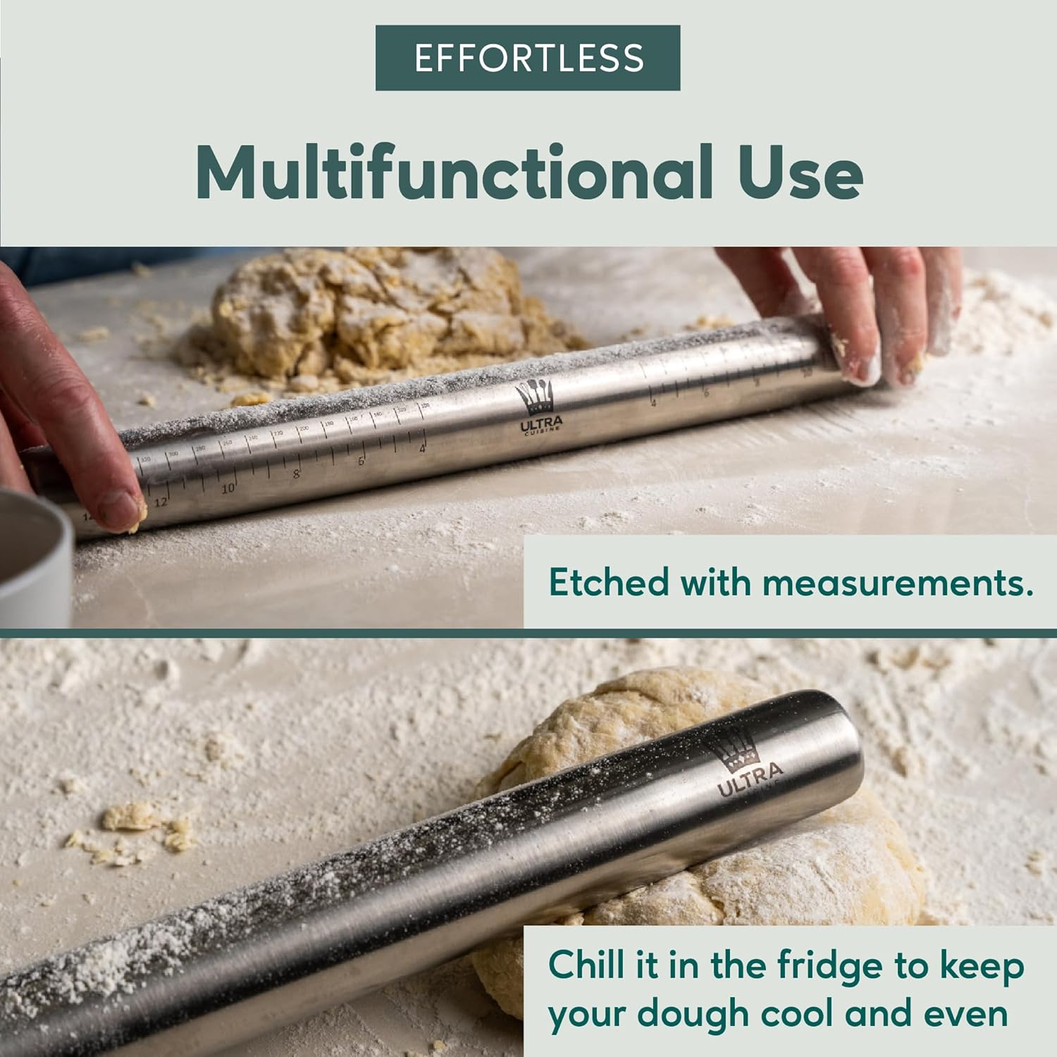 Ultra Cuisine French Rolling Pin - Tapered Stainless Steel Design for Baking, Dishwasher-Safe, 16-Inch