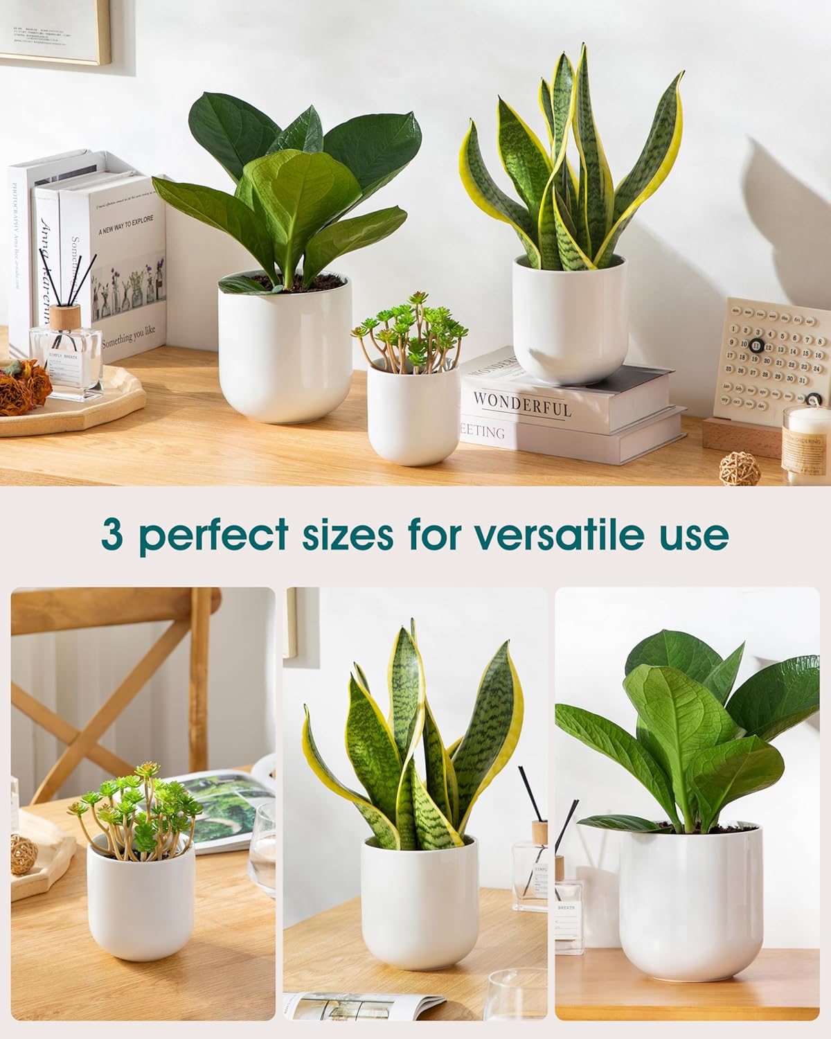 Vancasso Ceramic Plant Pots - Set of 3 (4", 5", 6") | Modern Indoor Planters with Drainage Holes