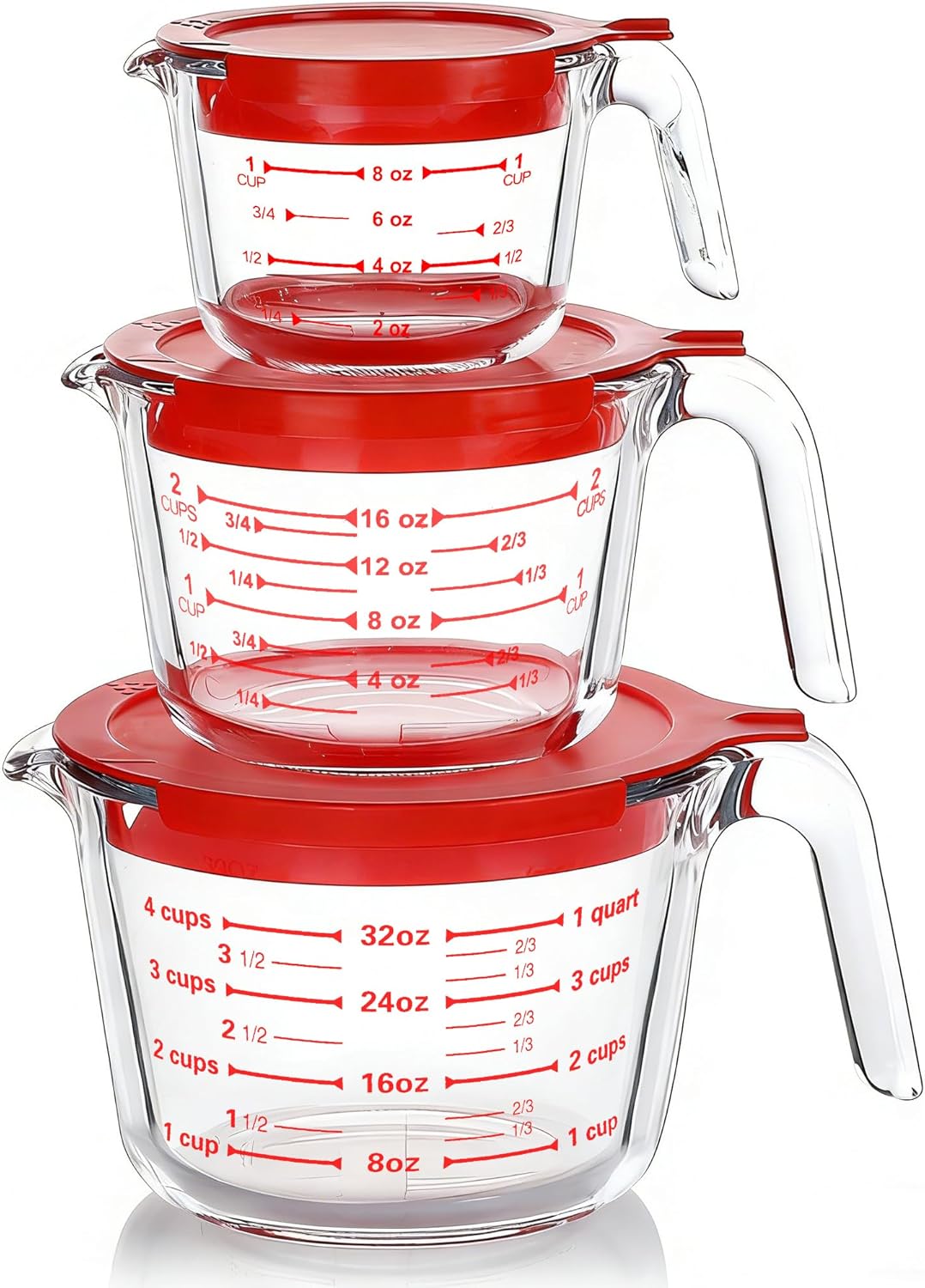 MCIRCO Glass Measuring Cups Set - 6 Pcs with Lids | 1-Cup, 2-Cup, 4-Cup Nesting Jugs for Kitchen Use