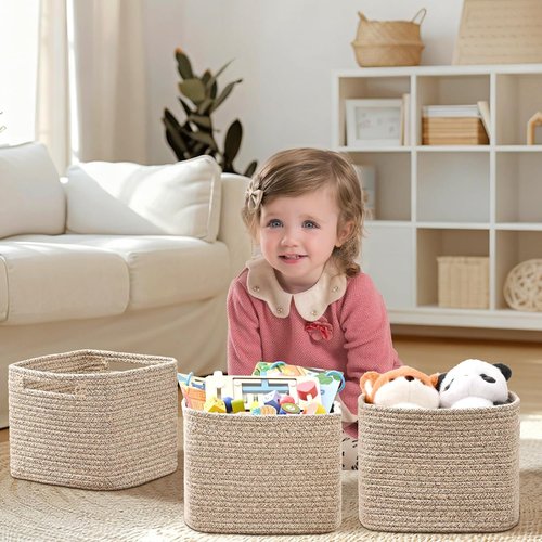 **Jute 3-Pack Cube Storage Bins - 9”x9”x7” Cotton Rope Baskets for Organizing Toys, Clothes & More**