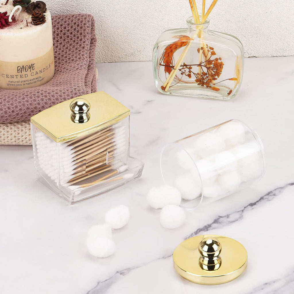 Tbestmax Q-Tips Dispenser - Elegant Bathroom Organizer with Gold Lids | Plastic Apothecary Jars for Cotton Balls and Swabs
