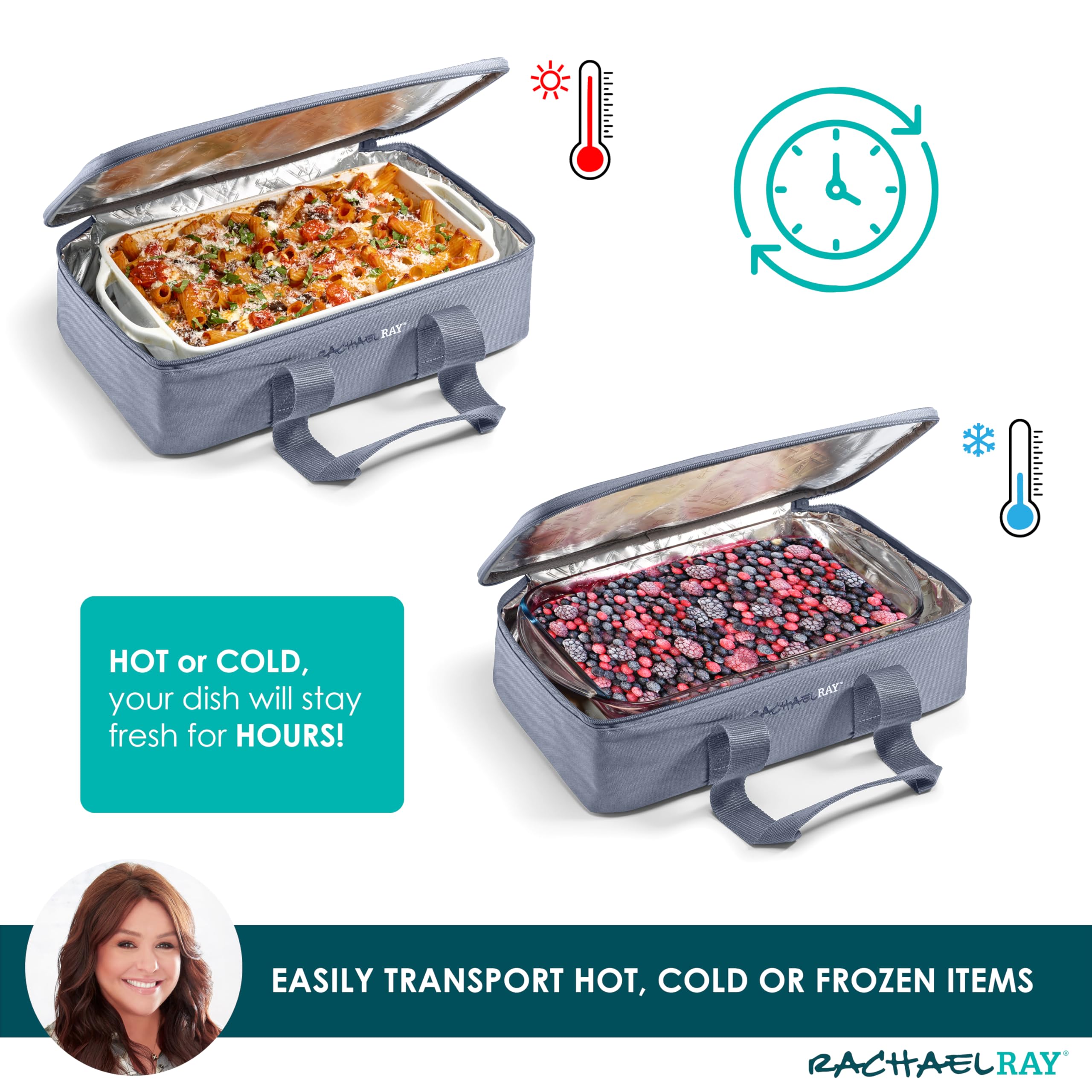 Rachael Ray Lasagna Lugger, Thermal Insulated Casserole Carrier for Hot or Cold Food, Lugger Tote for Potluck, Parties, Picnic, and Cookouts, Fits 9" x 13" Baking Dish, Slate Stripe