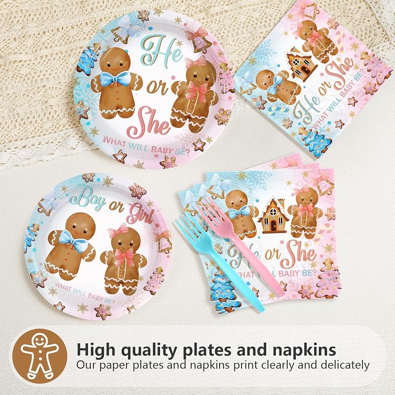 96Pcs Gingerbread Gender Reveal Party Tableware Kit – He or She Plates, Napkins & Forks, 24 Serves