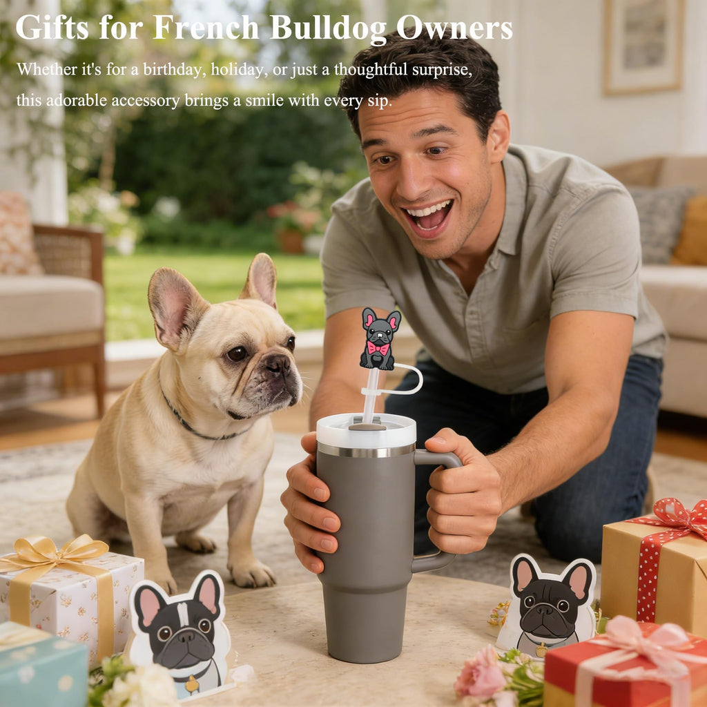 Amreich French Bulldog Straw Toppers - 4 Pack Silicone Straw Covers for 10mm/0.4inch Straws, Dog Lovers Birthday Christmas Holiday Gifts, Cute Stanley Tumbler Accessories