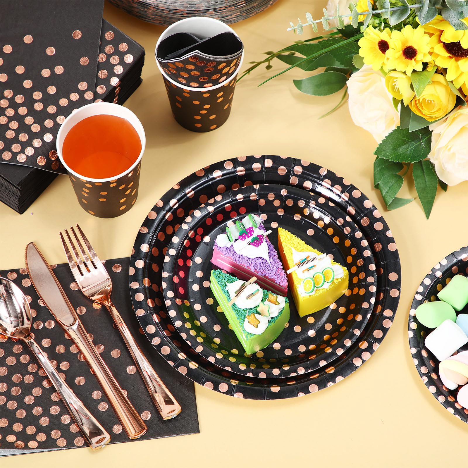 700 pcs Black and Rose Gold Party Supplies for 100 Guests Disposable Dinnerware Kits Black Rose Gold Paper Plates Napkins Cups Rose Gold Plastic Forks Knives Spoons for Birthday Wedding Party